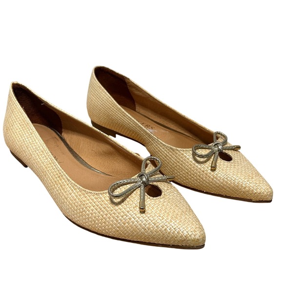 Jack Rogers Shoes - Jack Rogers Woven Raffia Pointed Toe Ballet Flats Beige Metallic Bow - Size 8.5M